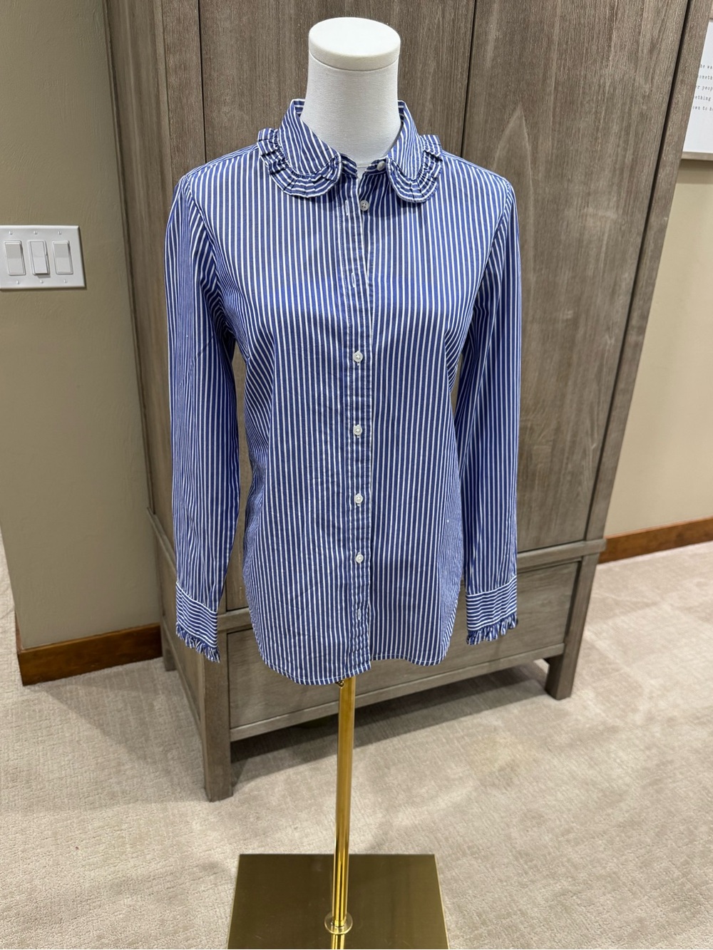 J. Crew Blue and White Striped Button-Down Shirt with Ruffle Collar